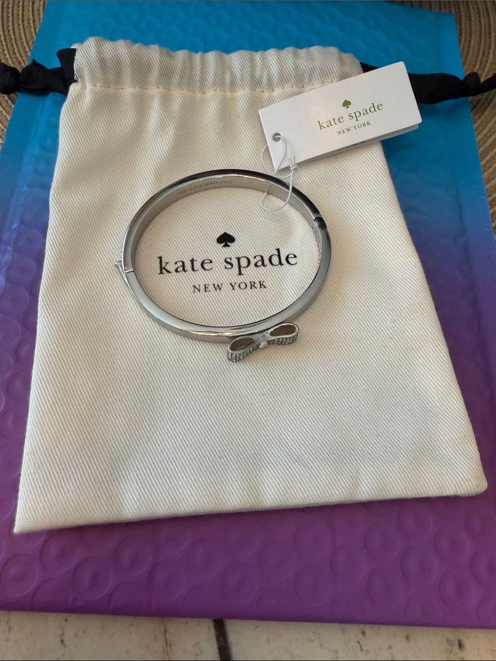 NWT kate spade Silver Bow Bangle Bracelet with Original Dust Bag 5"-7"
